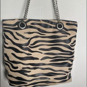 Kate Landry zebra print canvas bag with silver chain hardware